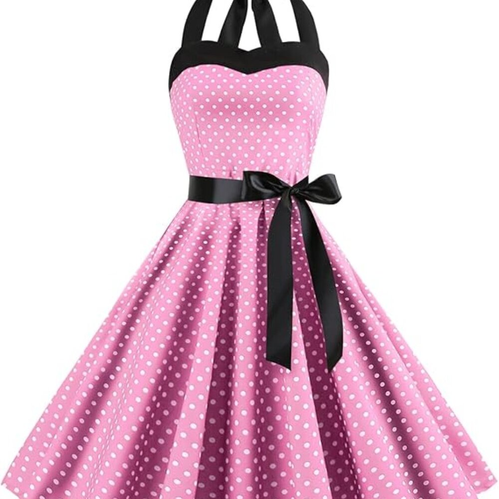 Vintage Women 1950s Rockabilly Swing Dress Pinup 50s Retro Hepburn Style Haltern